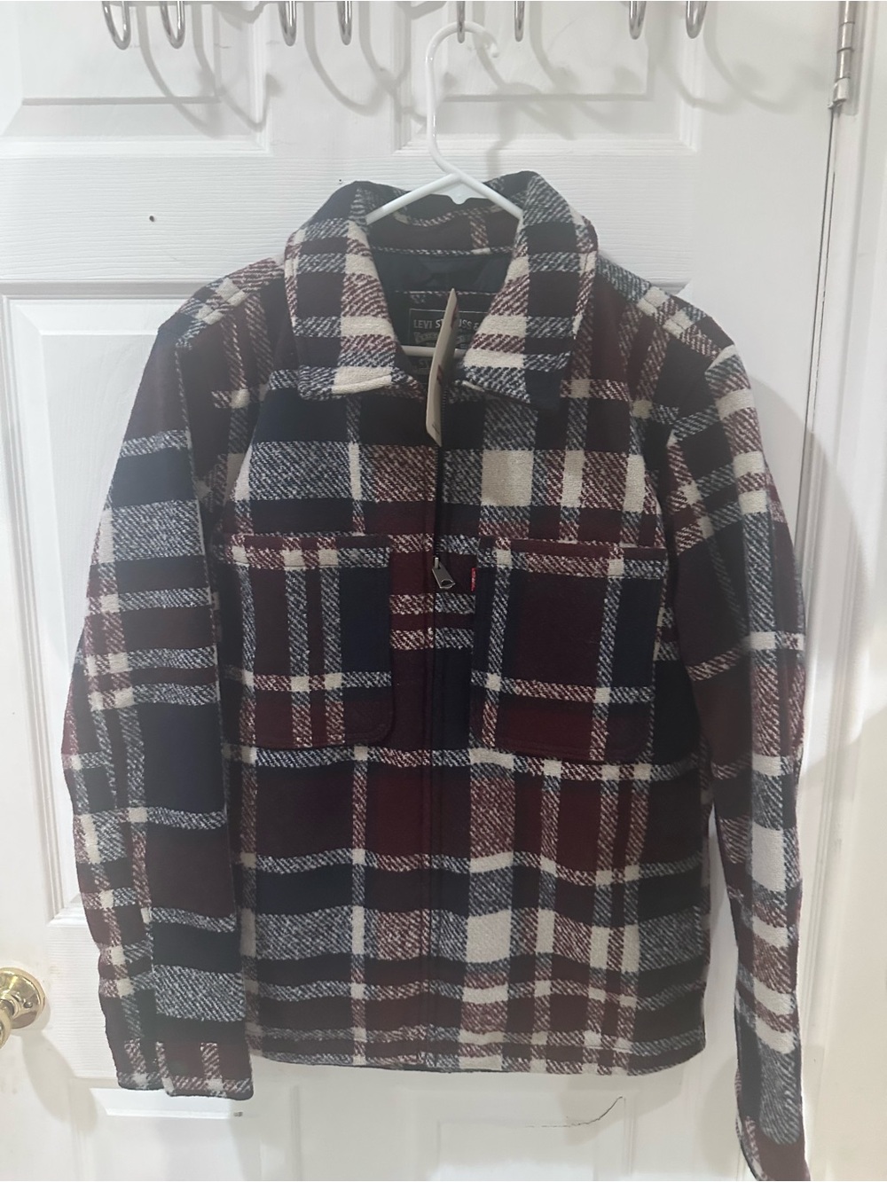 Levi’s Plaid Utility Jacket Shacket Burgundy Black Cream NWT Size S